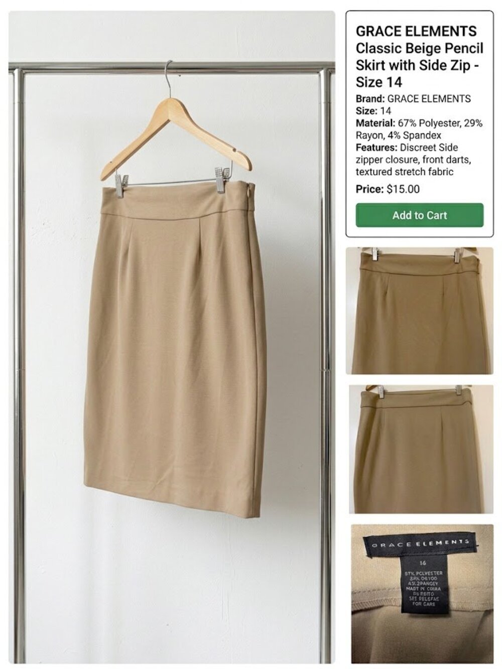 Grace Elements Beige Pencil Skirt - Sz 14 - Side Zipper